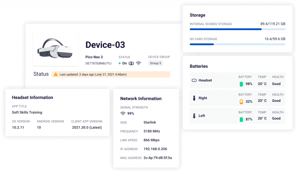 In depth information specifying device name, model, status, storage and battery life