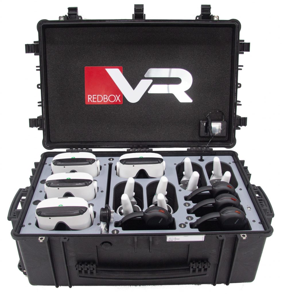 Custom storage solution housing 4 x Neo3 Pro Headsets with controllers & 4 x Sony Headphones