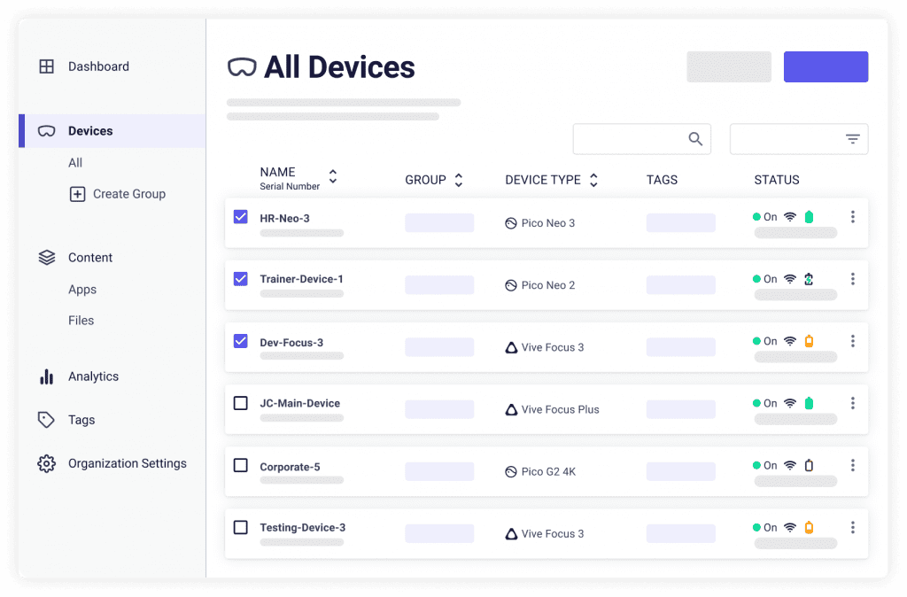 ArborXR software showing a list of connected devices